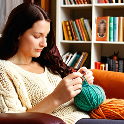 Home 11 **Image Prompt:** A cozy scene of a woman in a comfortable armchair, knitting with soft, colorful yarn. A cup of tea sits on a nearby table. The room is warmly lit, with bookshelves and other crafting supplies visible in the background. Focus on creating a sense of peace and relaxation, capturing the meditative aspect of knitting. Keywords: *knitting, hygge, cozy, meditation, craft, relaxation, yarn, tea, Swedish home*