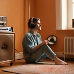 A person sitting comfortably, listening to a vinyl record in a warmly lit room with vintage furniture. The focus is on the person's relaxed posture and the vinyl player. Soft, analog colors.