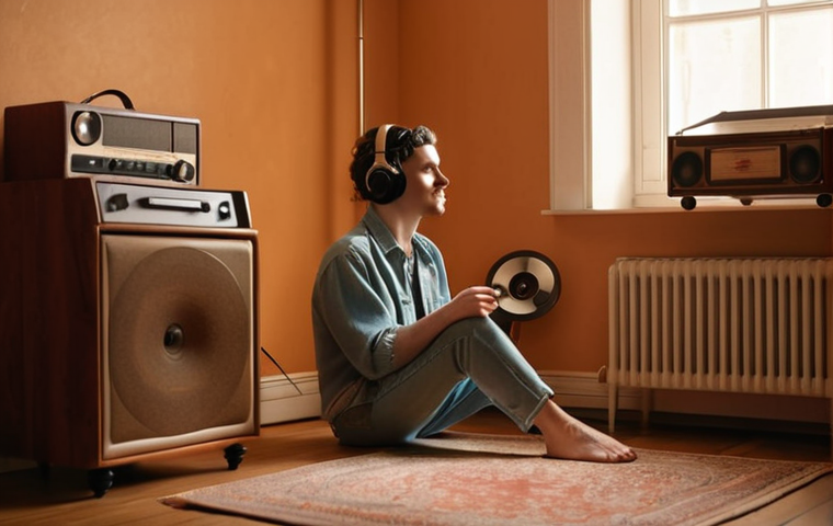 A person sitting comfortably, listening to a vinyl record in a warmly lit room with vintage furniture. The focus is on the person's relaxed posture and the vinyl player. Soft, analog colors.